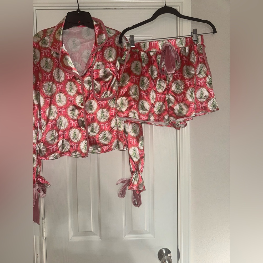 Women's Pink Christmas Tree and Bow Pajama Set